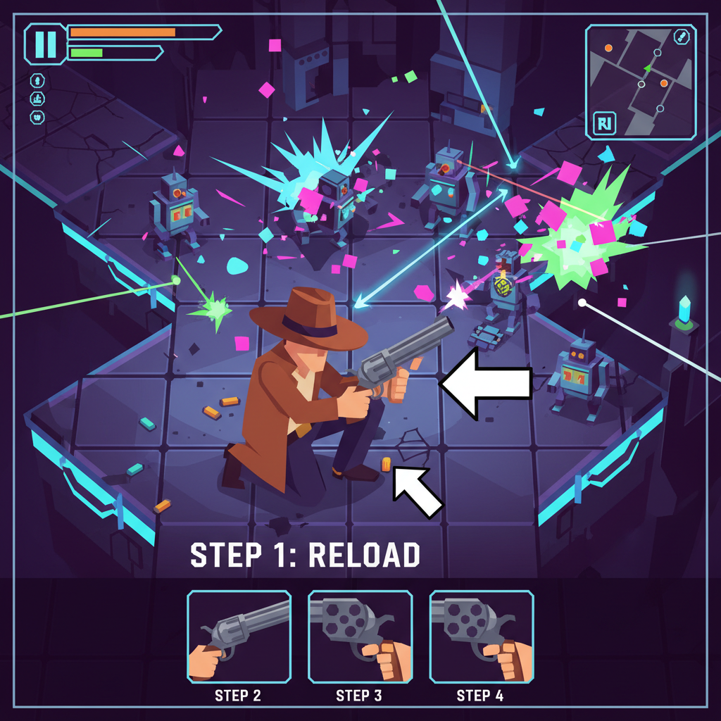 cowboy reloading revolver amid robot battle, neon sparks flying, top-down roguelite art