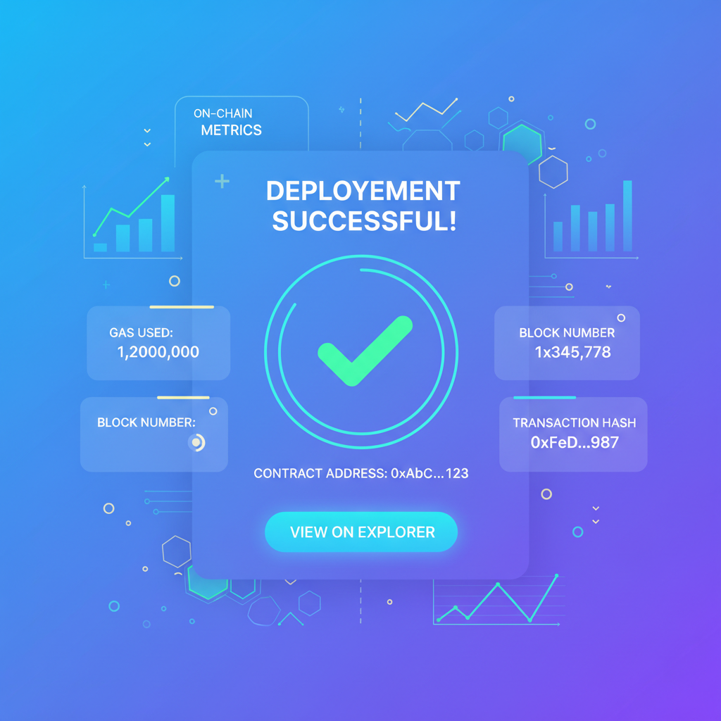 deploying blockchain game contract success screen, neon charts graphs on-chain metrics