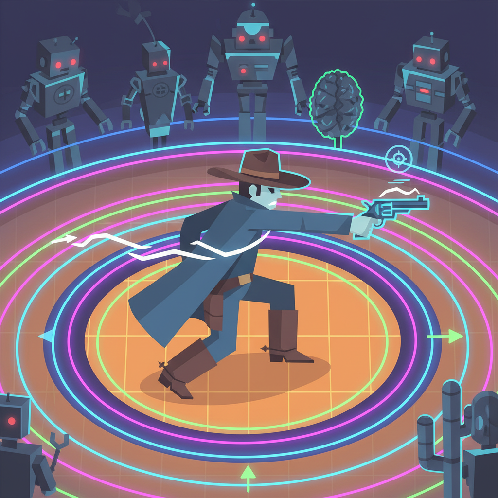top-down cowboy moving aiming in neon wild west arena robots background