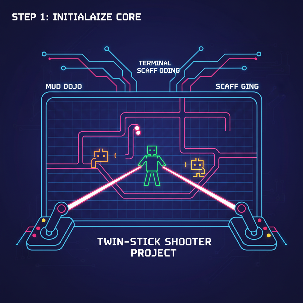 terminal scaffolding MUD Dojo twin-stick shooter project, neon code glow, cyberpunk aesthetic