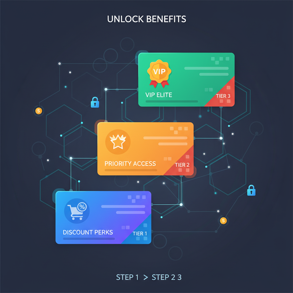 Tiered NFT loyalty cards with perks like discounts and VIP badges, colorful digital collectibles, blockchain style, futuristic design