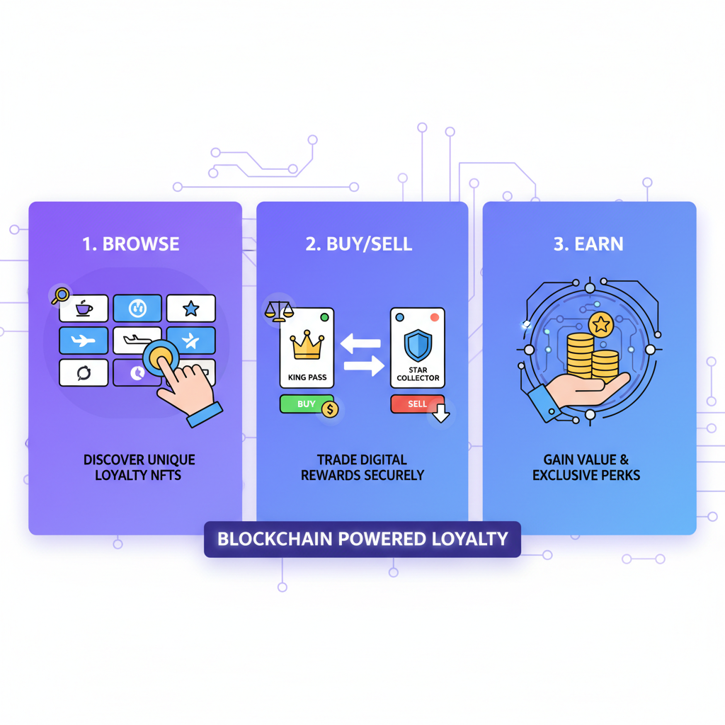 NFT marketplace trading loyalty cards, users buying selling digital rewards, vibrant marketplace UI, blockchain transactions