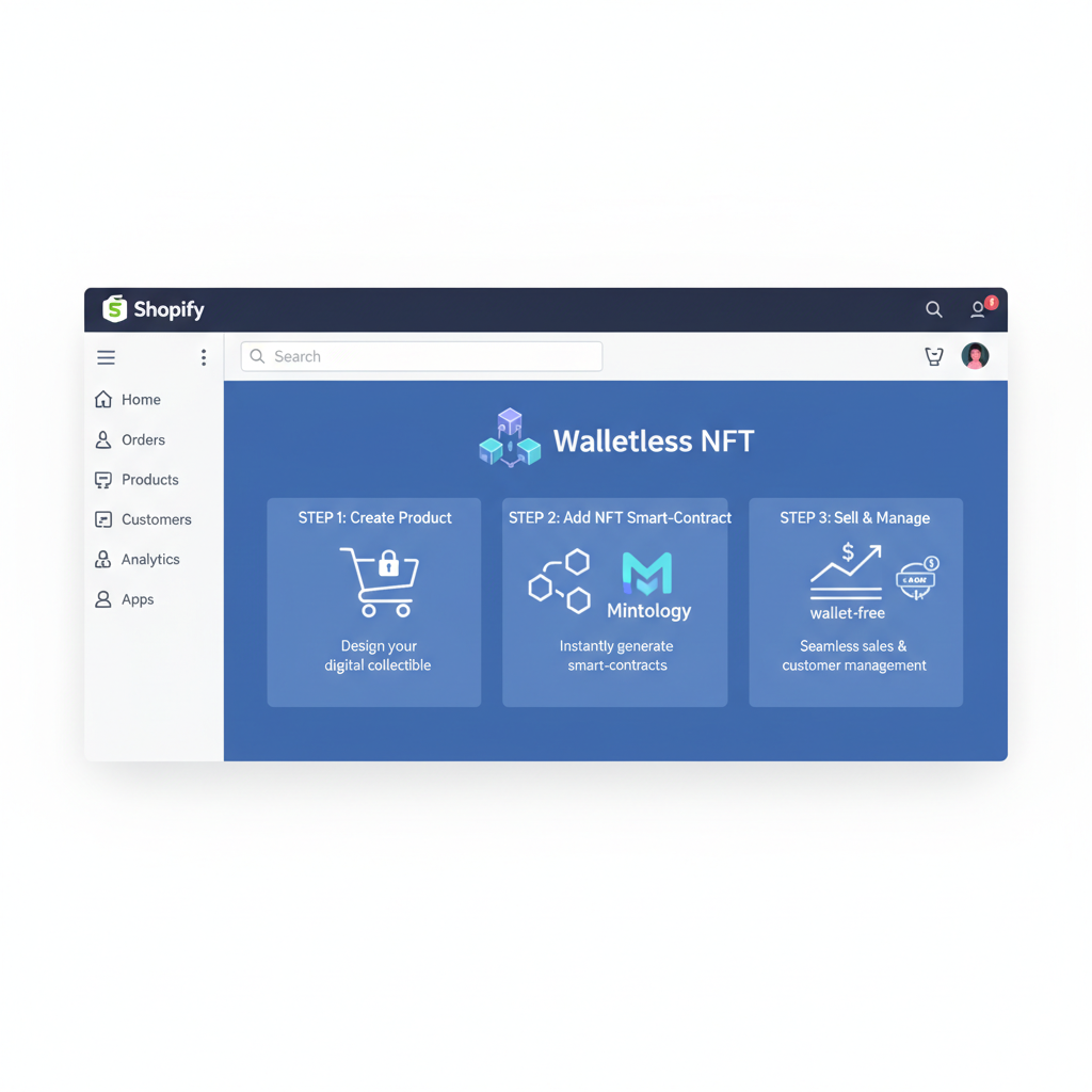 Shopify dashboard integrating Mintology walletless NFT app, modern e-commerce interface with blockchain icons, clean UI, blue tones