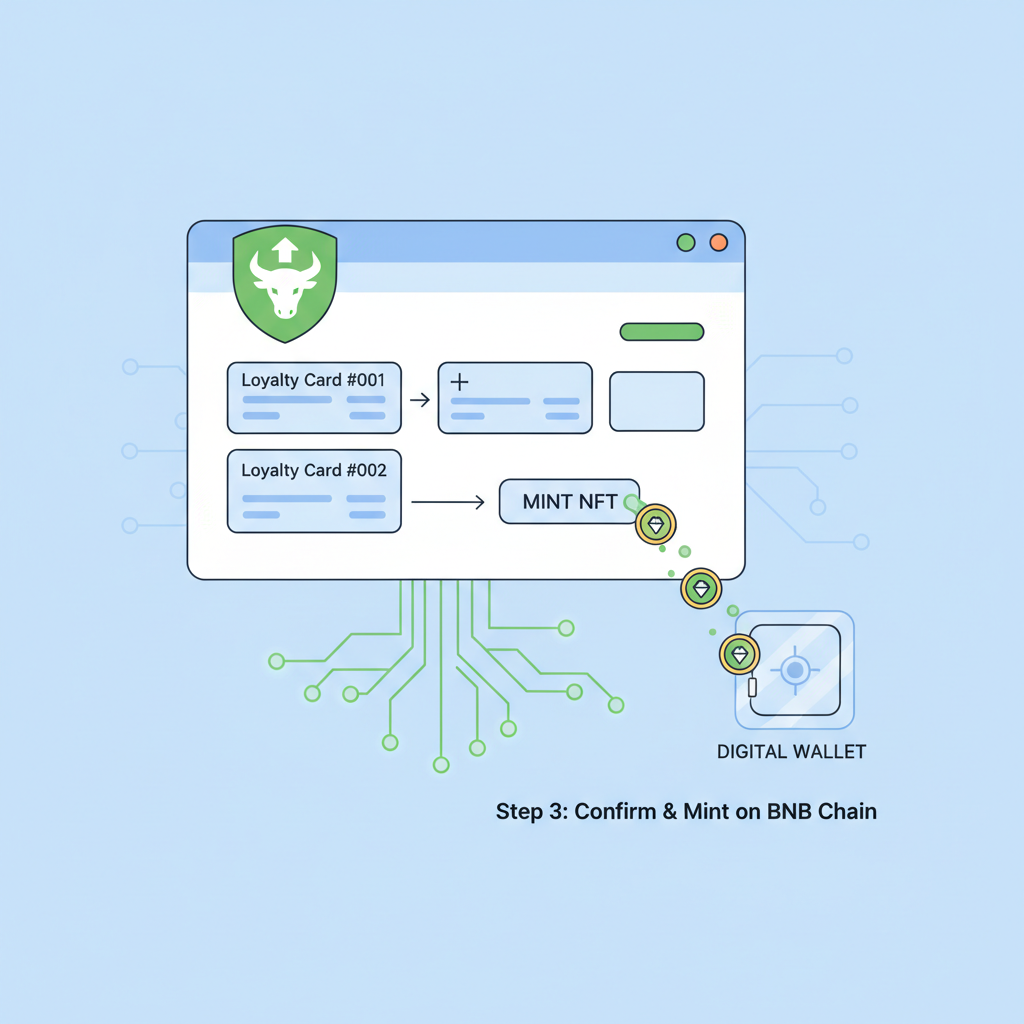 Minting NFT loyalty cards on BNB Chain interface, blockchain network visualization, green BNB logo, digital tokens emerging