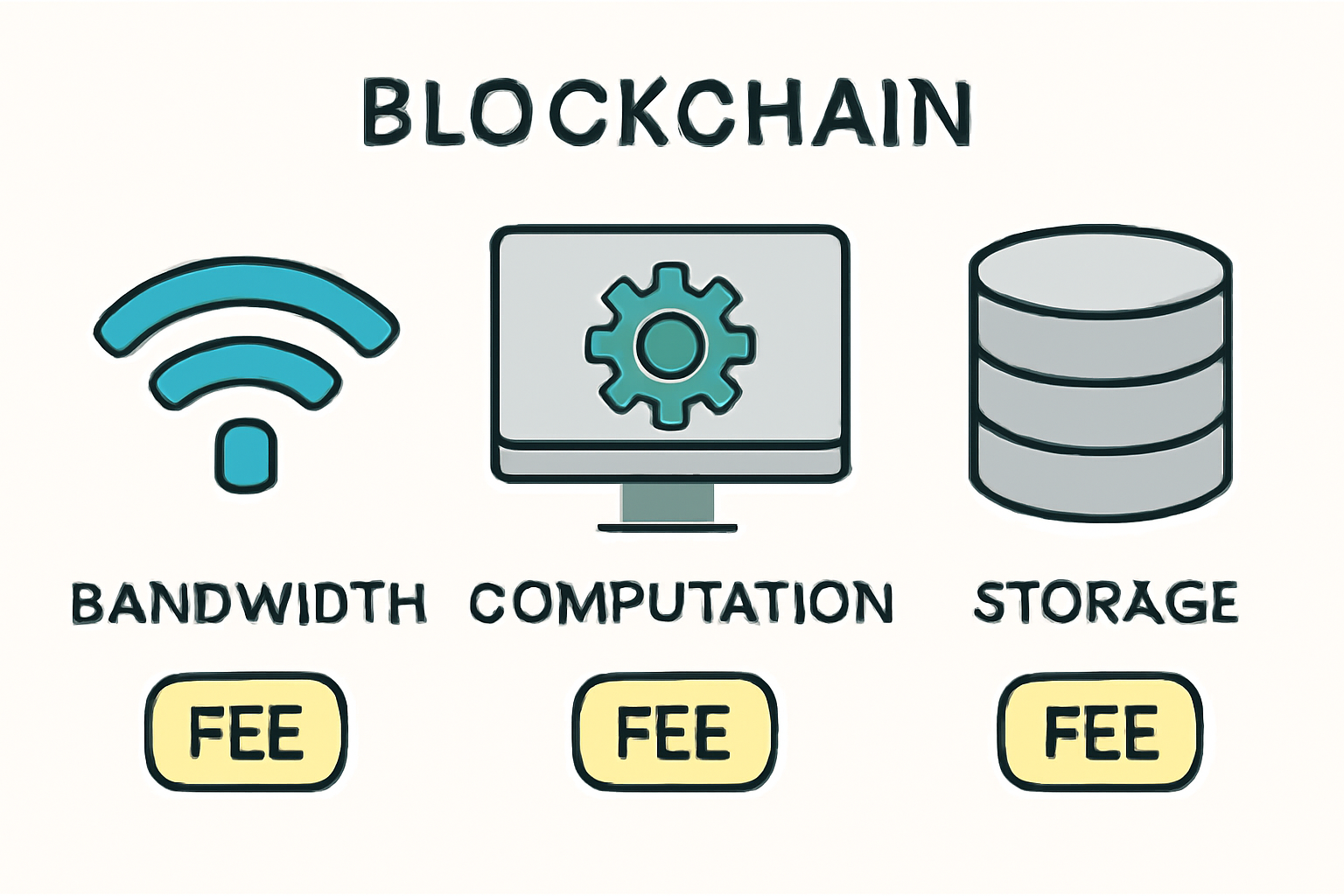 clean diagram of blockchain resources like bandwidth computation storage with fee labels, illustrative tech style