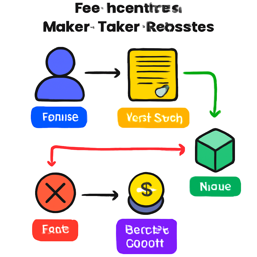 flowchart of fee incentives maker taker rebates in blockchain, colorful icons nodes