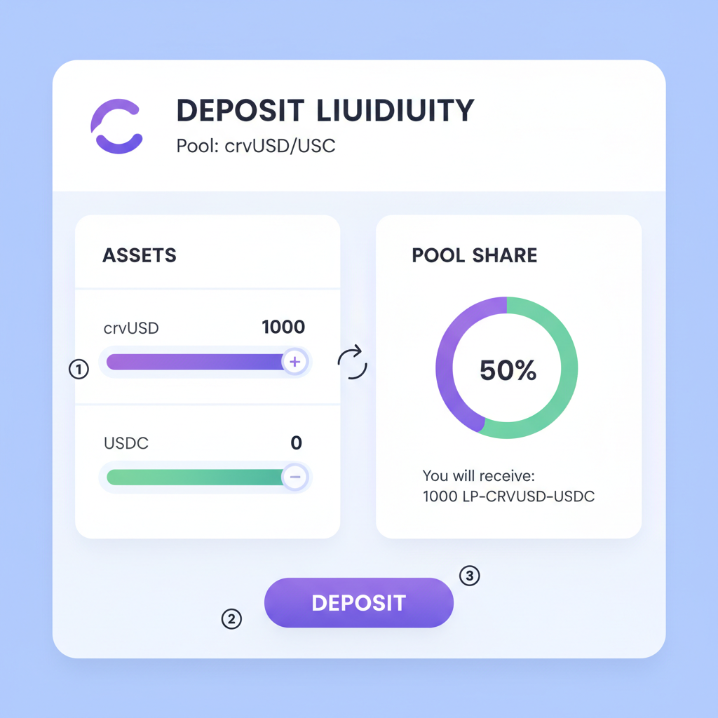 Curve liquidity pool deposit screen with crvUSD and USDC sliders