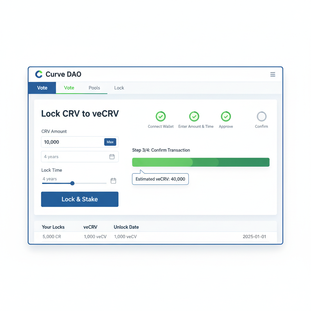 locking CRV tokens to veCRV on Curve vote page with progress bar
