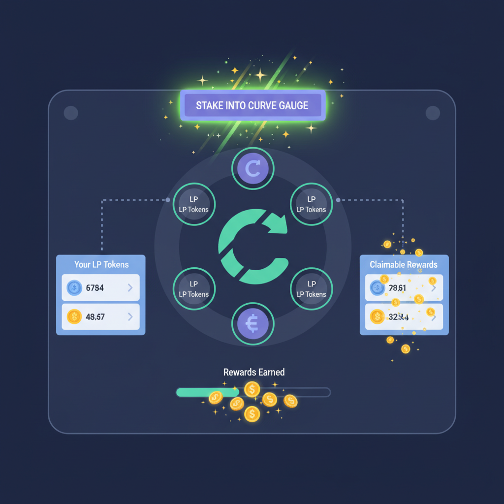 staking LP tokens into Curve gauge interface glowing with rewards