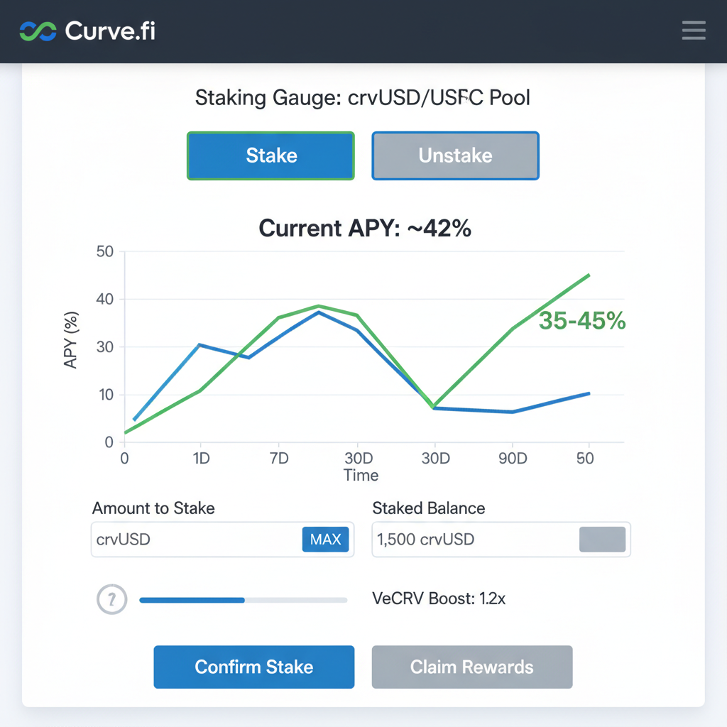 staking gauge interface on Curve with APY chart showing 35-45%