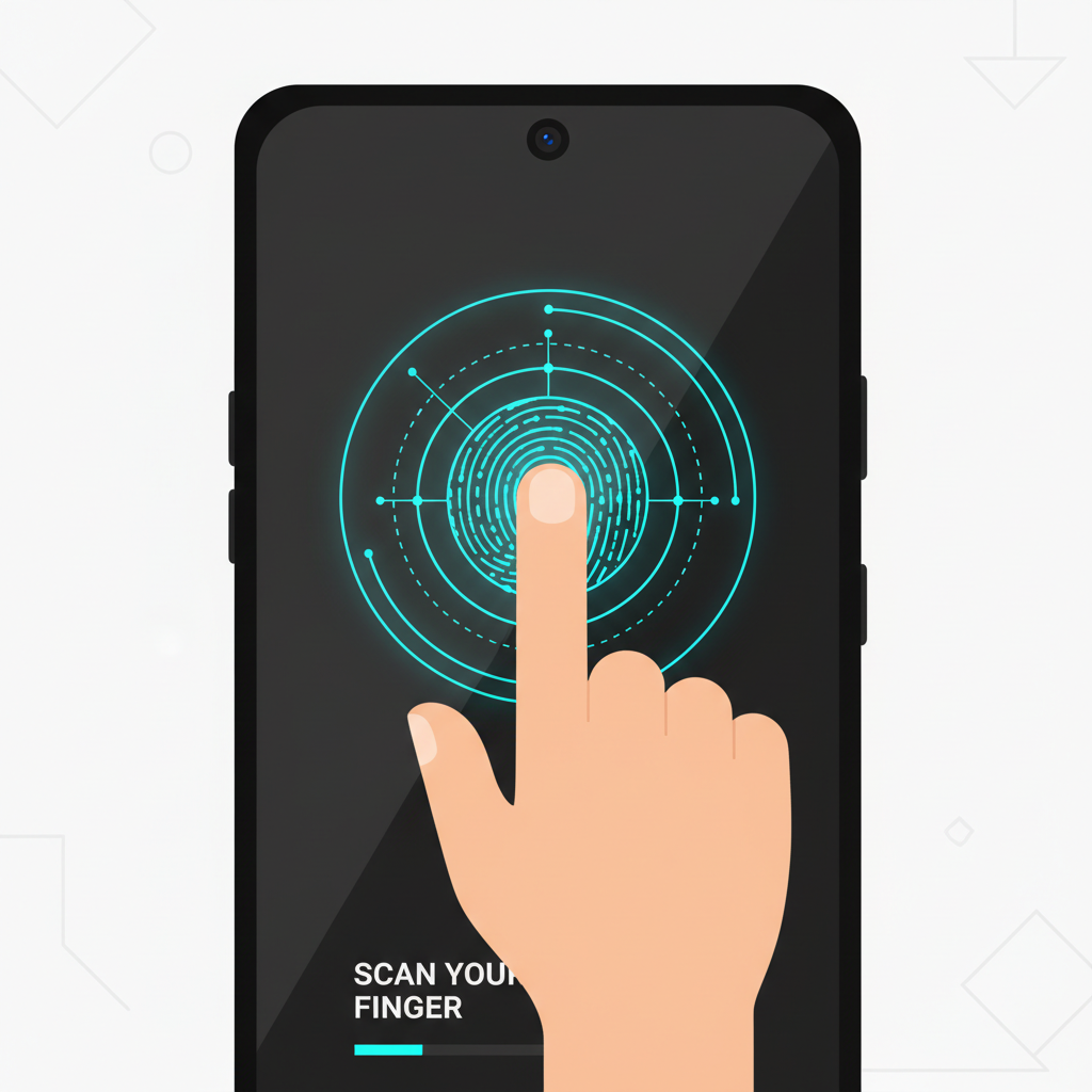 User setting up fingerprint on Solana Saga phone, finger on screen sensor, glowing biometric animation