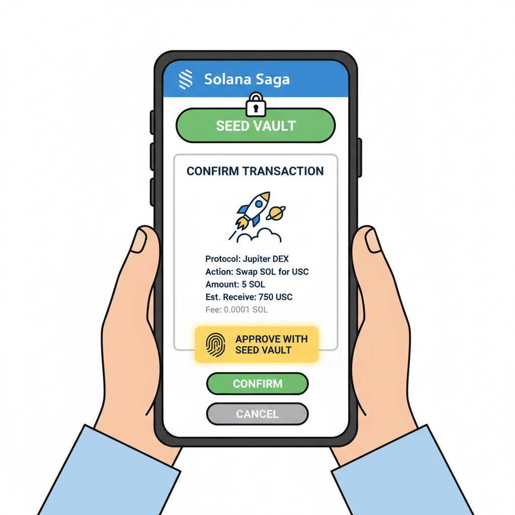 Solana Saga Seed Vault confirmation screen for Jupiter DEX transaction