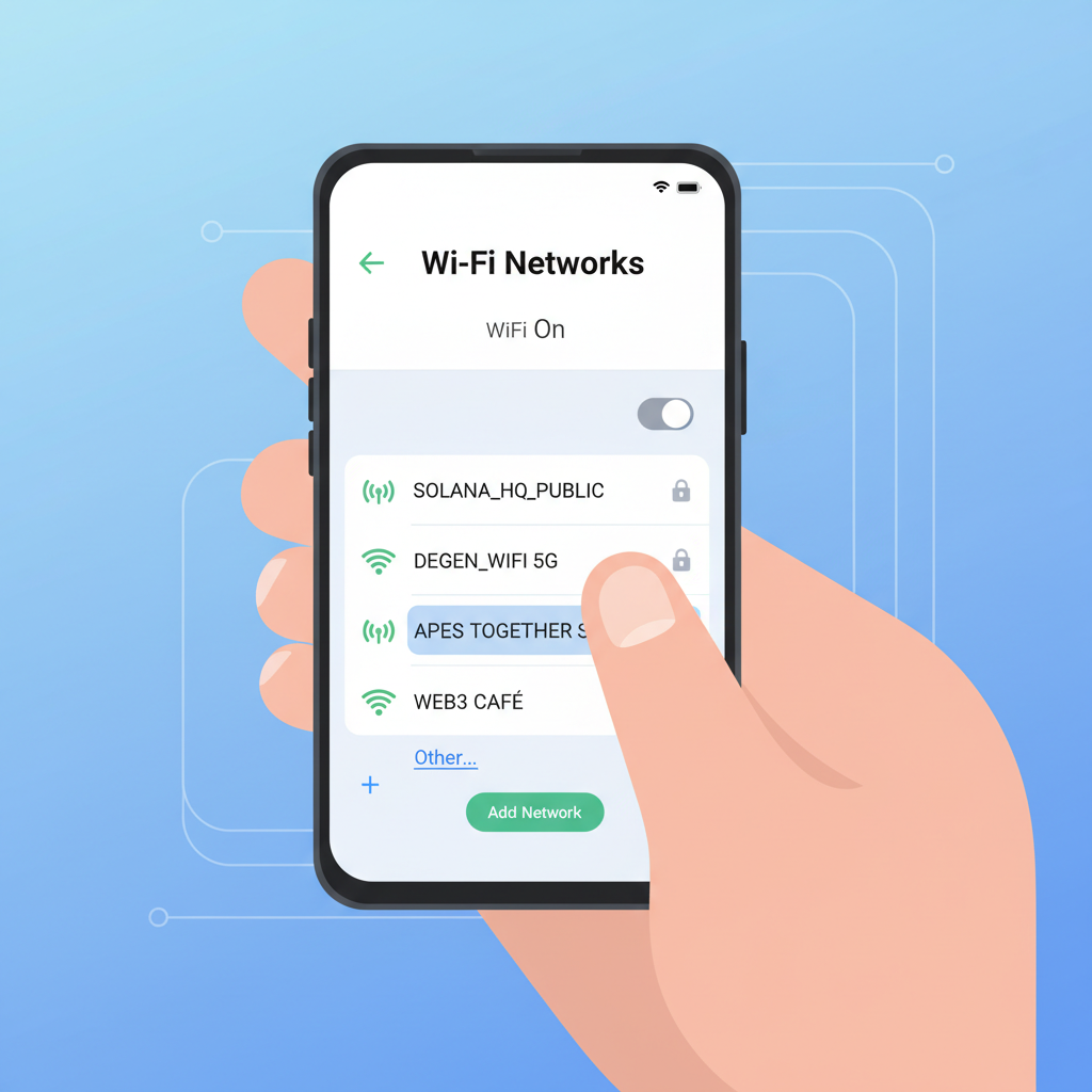 Solana Saga phone Wi-Fi setup screen, listing networks, user hand tapping connection, modern interface