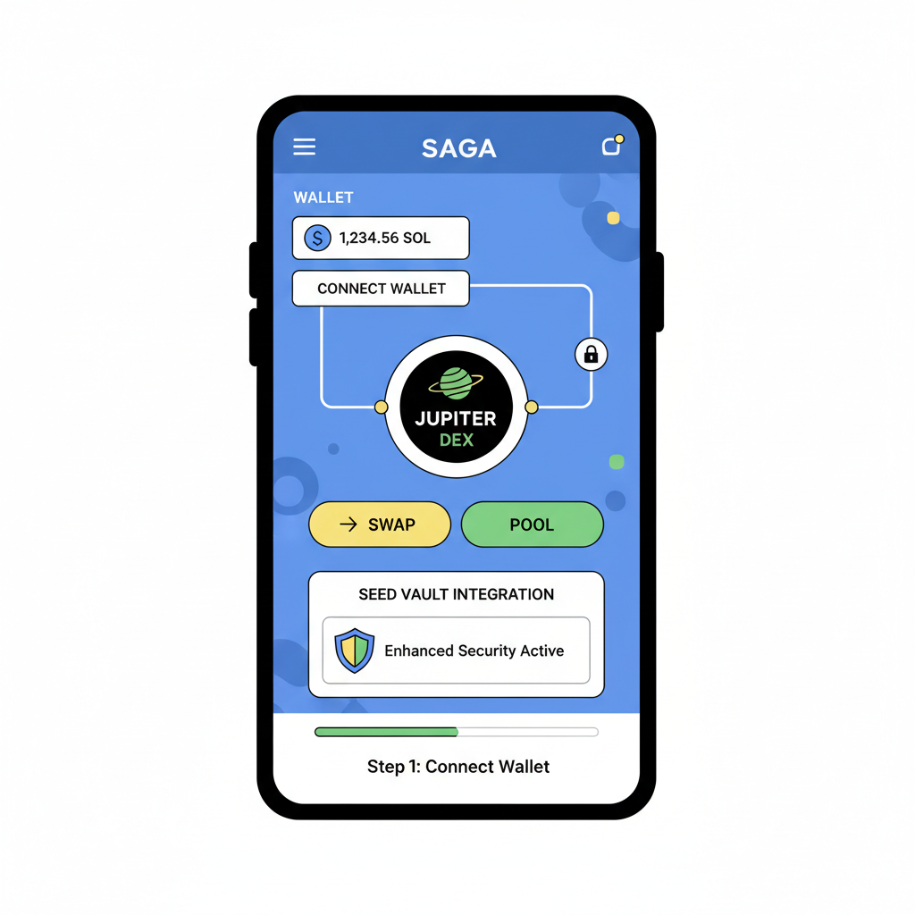 Saga phone interface showing wallet connection to Jupiter DEX with Seed Vault integration