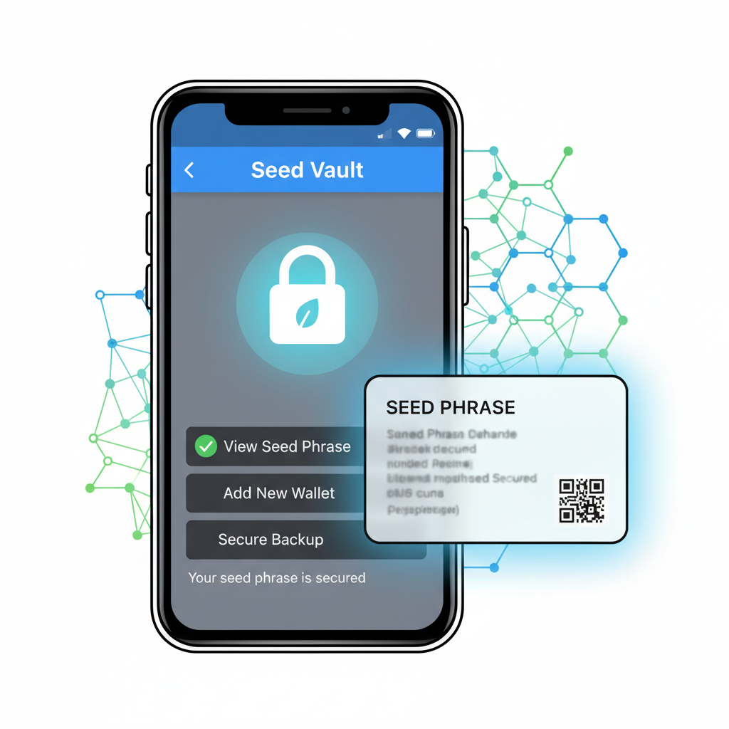 Solana Saga settings menu open to Seed Vault, secure vault icon, seed phrase card nearby, crypto security theme