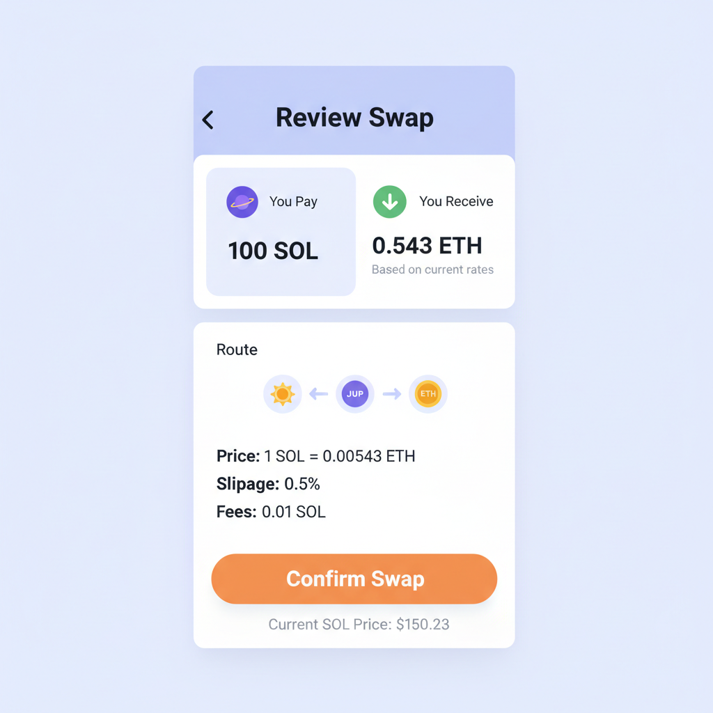 Jupiter DEX quote review screen on mobile with swap details and SOL price