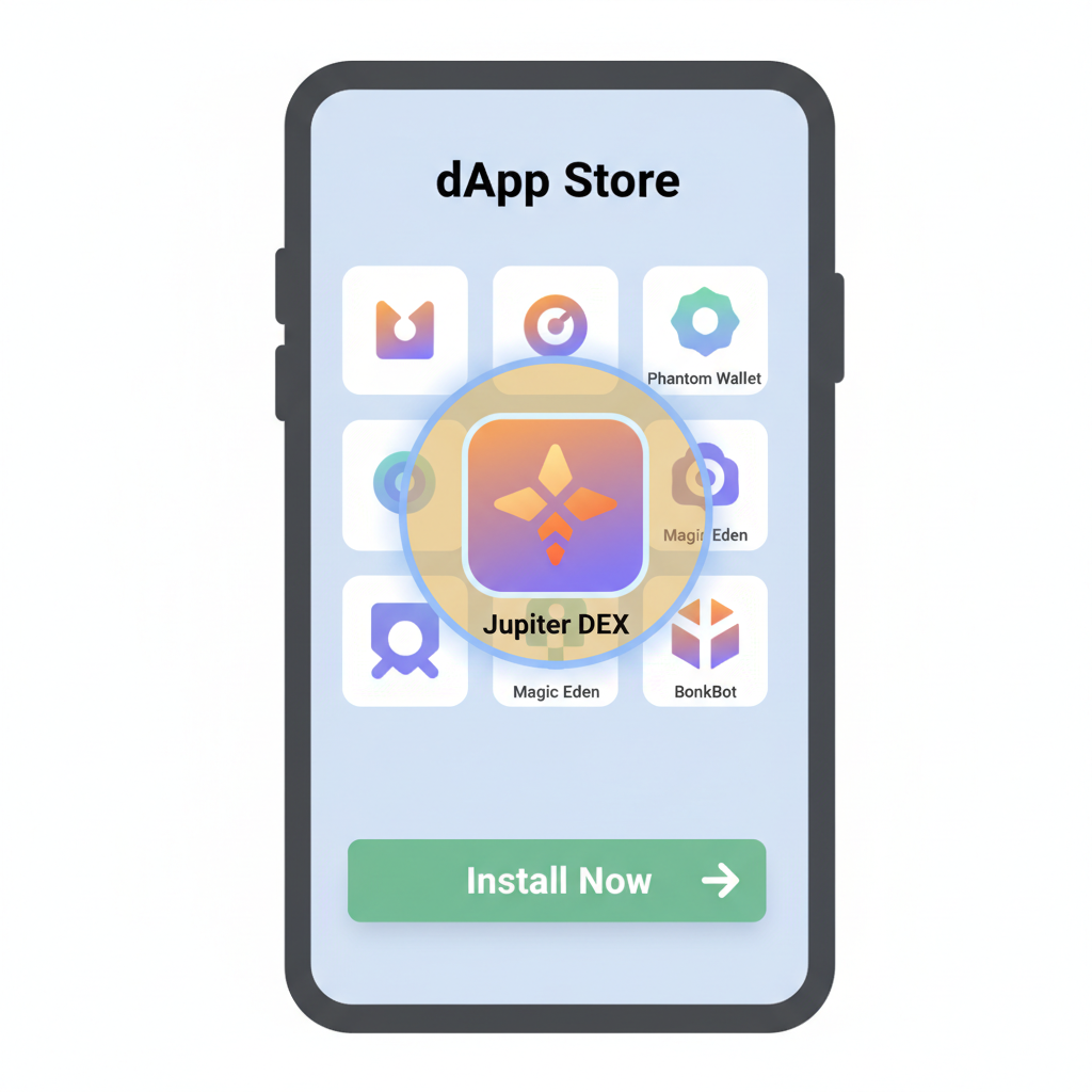 Solana Saga phone screen displaying dApp Store with Jupiter DEX app highlighted