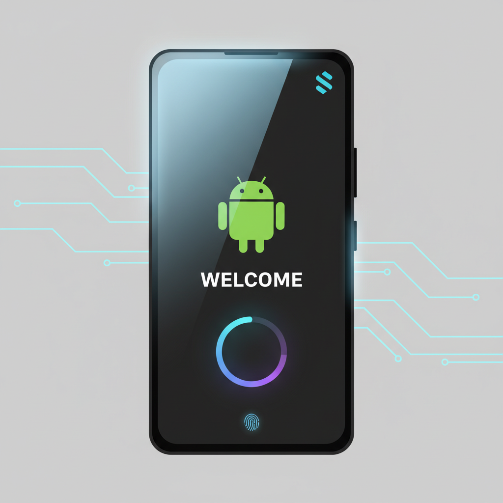 Solana Saga phone powering on, black flagship device screen glowing with Android welcome, high-tech vibe