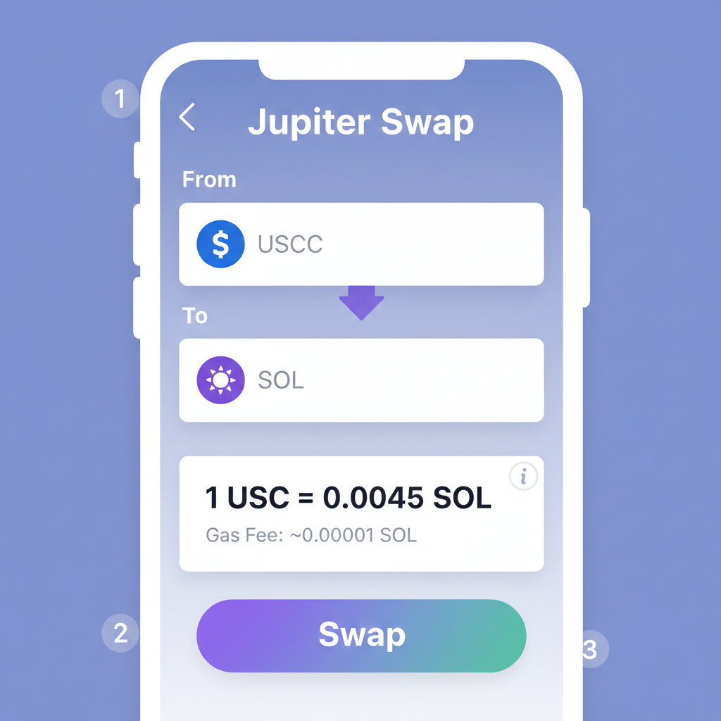 Jupiter DEX mobile screen selecting USDC to SOL swap pair with price display