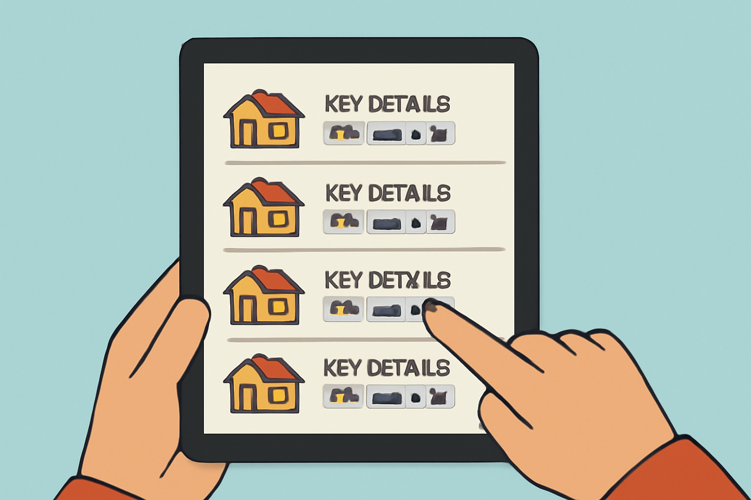 A user browsing property listings on a tablet, with each property showing key details and token icons.
