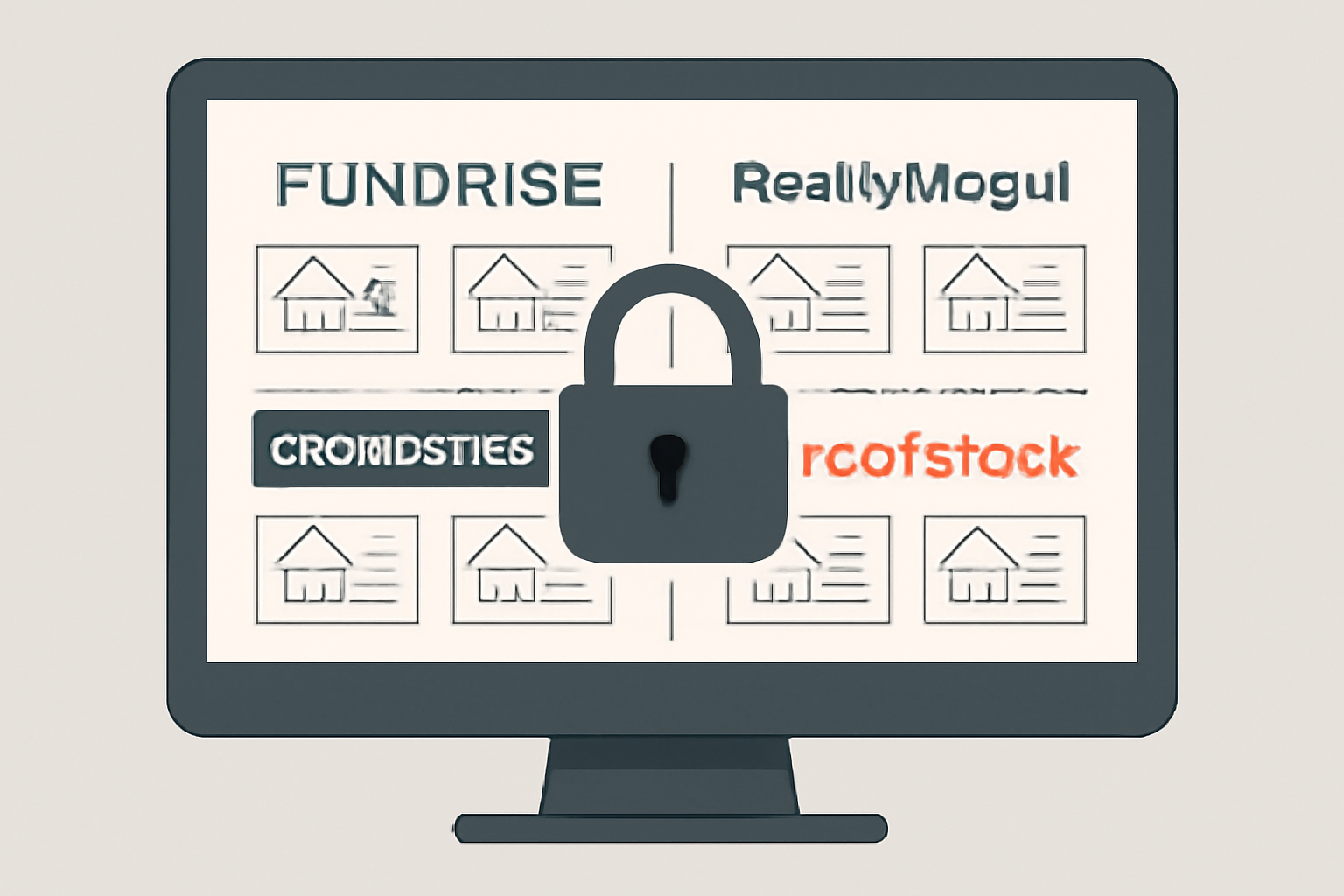 A computer screen displaying several real estate investment platforms, each with a logo and property listings, with a secure padlock icon overlay.
