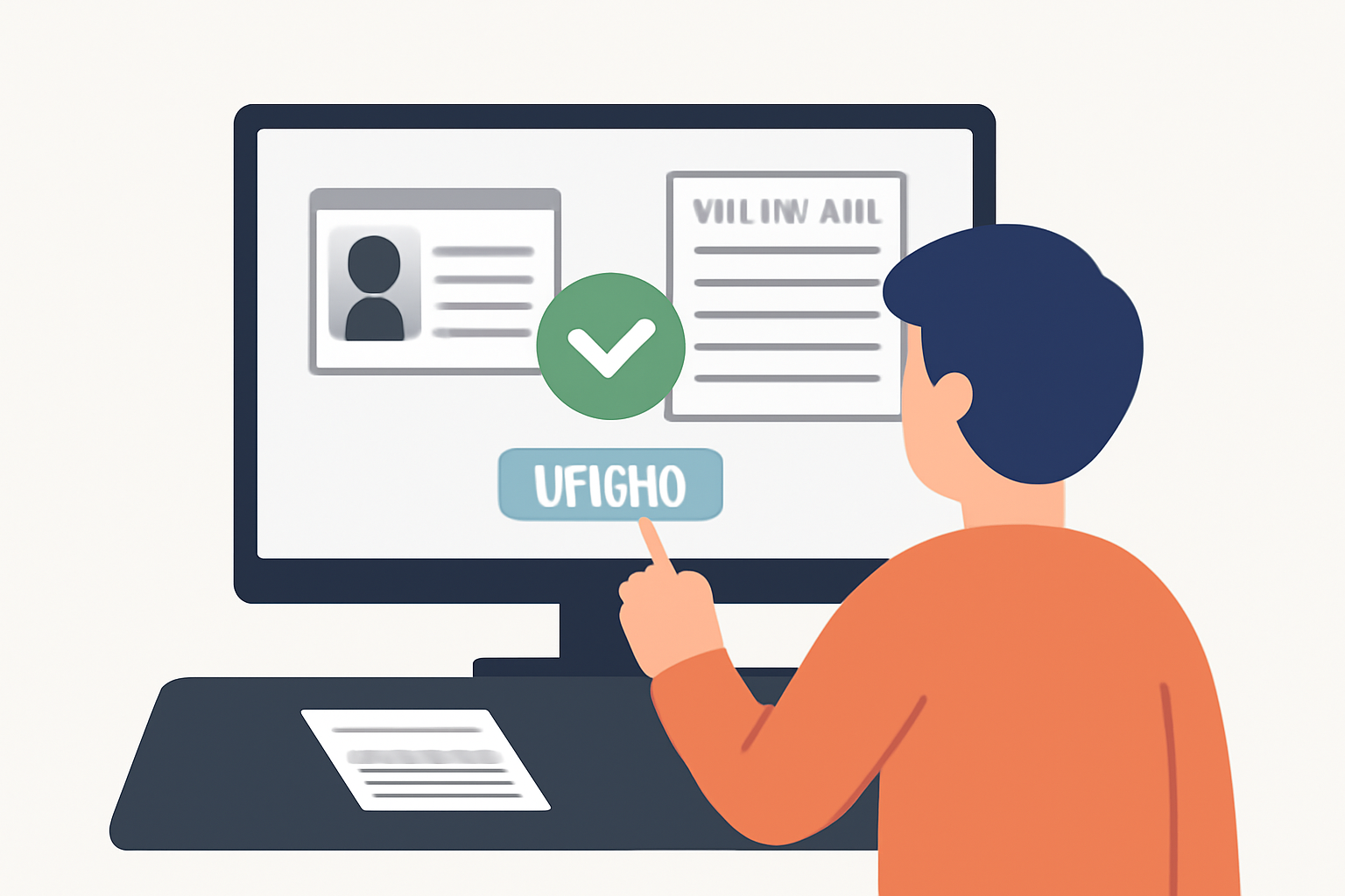 A person uploading an ID card and a utility bill on a computer screen with a checkmark indicating approval.