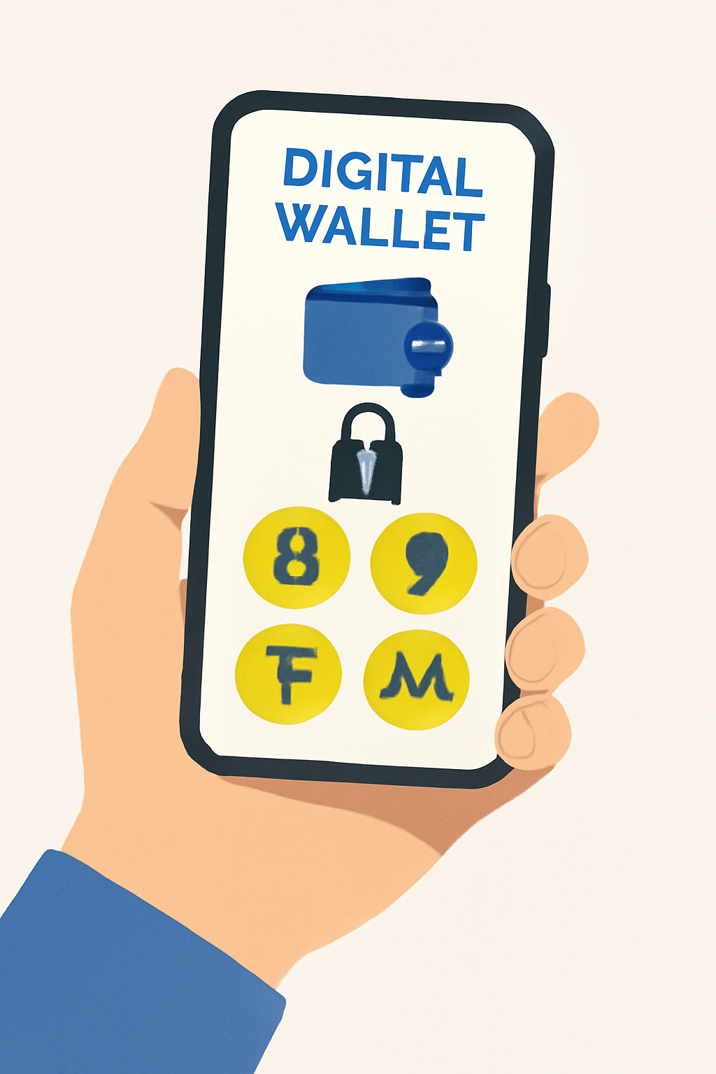 A hand holding a smartphone with a digital wallet app open, showing cryptocurrency icons and a secure lock symbol.