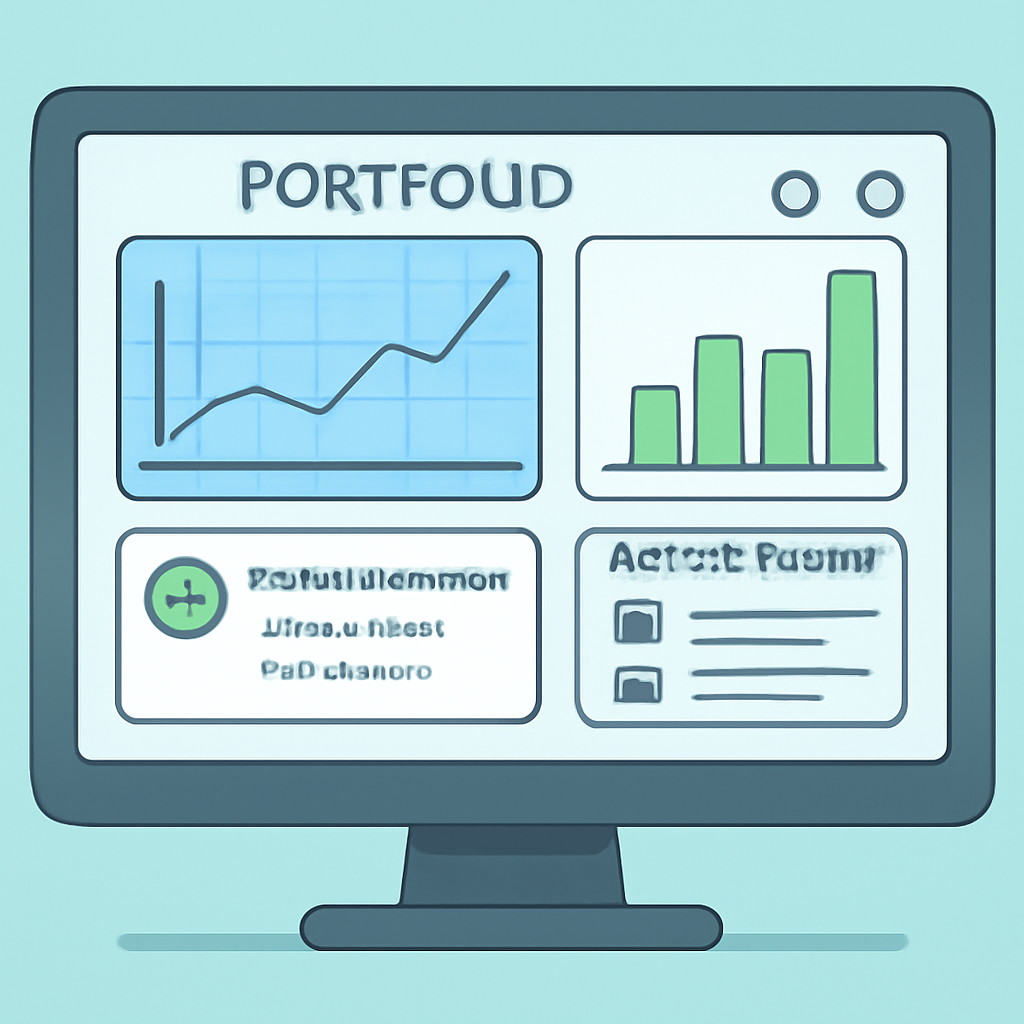 A computer screen displaying a portfolio dashboard with graphs, rental income notifications, and property updates.