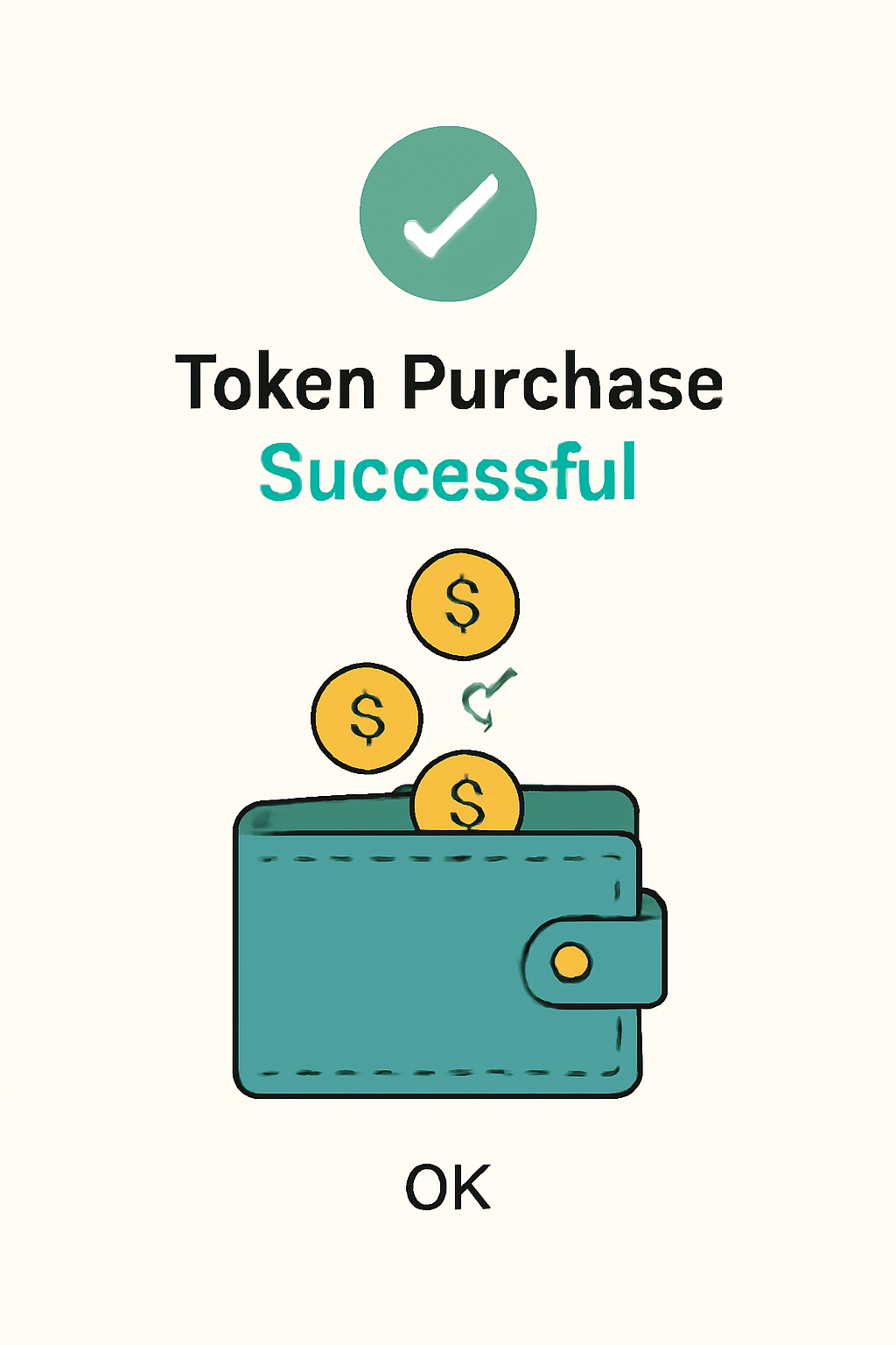 A digital confirmation screen showing a successful token purchase, with tokens flowing into a digital wallet icon.