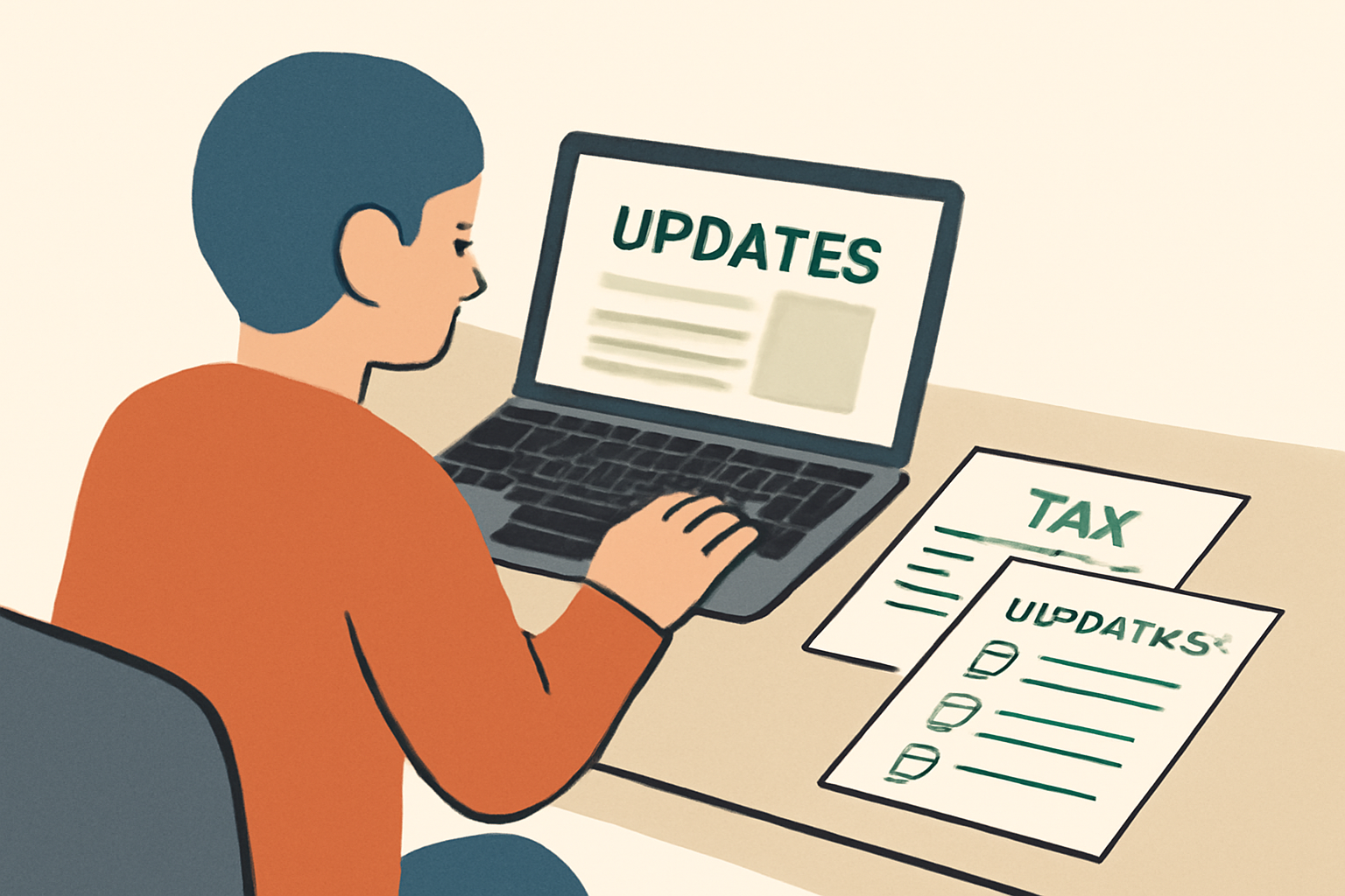 A person reading updates on a laptop, with tax documents and compliance checklists visible on the table.