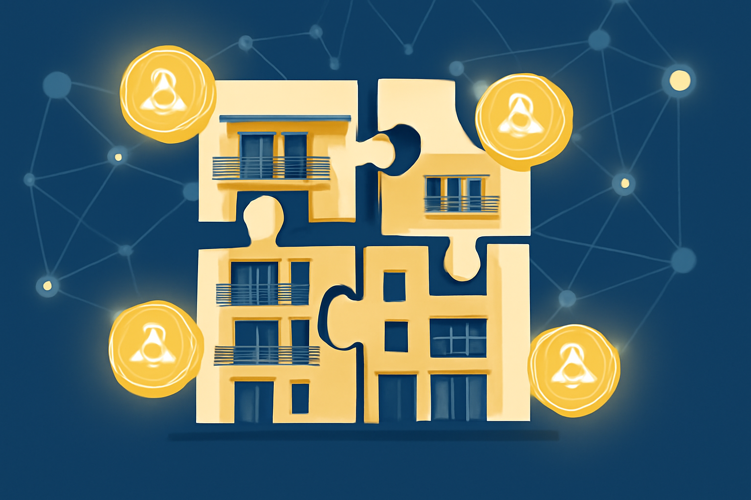 A modern apartment building split into puzzle pieces, each piece represented by a glowing digital token, with a blockchain network in the background.