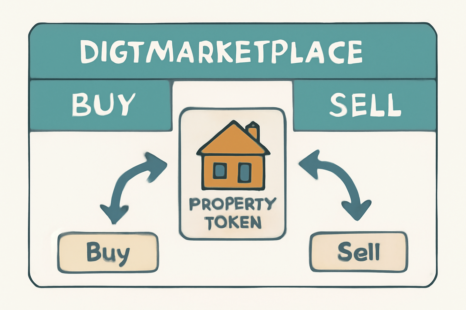 A digital marketplace interface showing buy and sell options for property tokens, with arrows indicating trading activity.