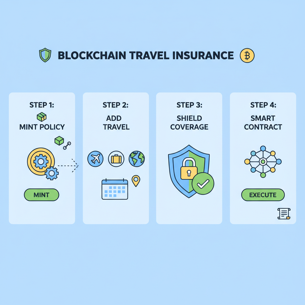 blockchain insurance dashboard showing policy mint, travel icons, shield emblem