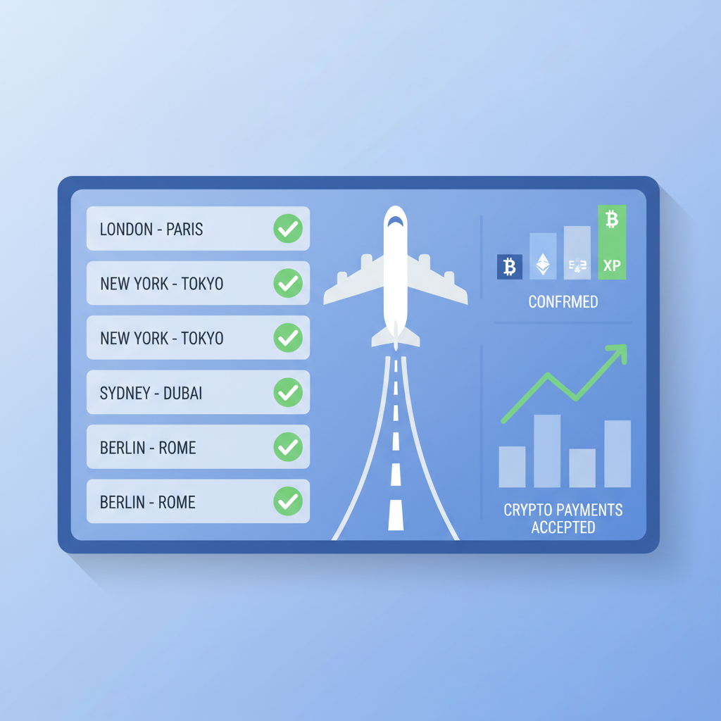 dashboard with confirmed bookings, green ticks, airplane taking off, crypto charts
