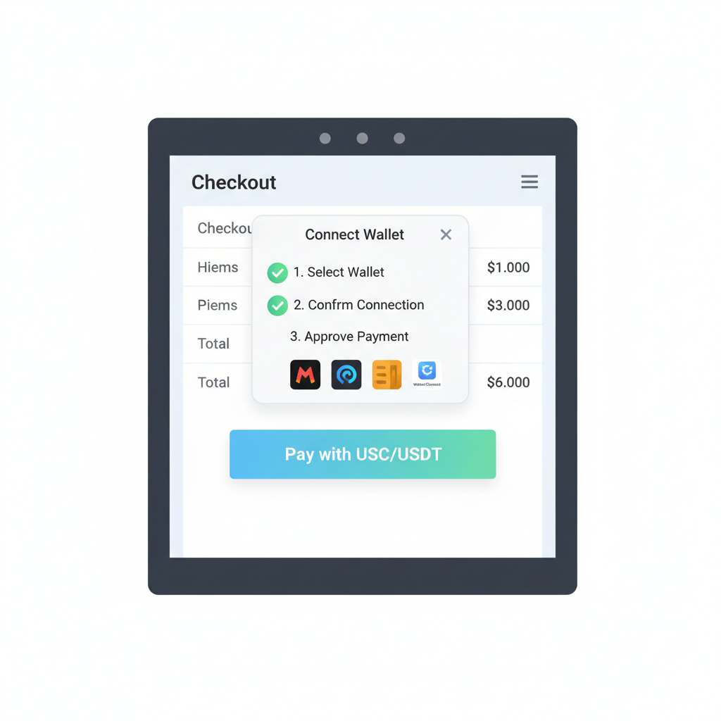 checkout screen with USDC/USDT payment button, wallet connect popup, green checkmarks
