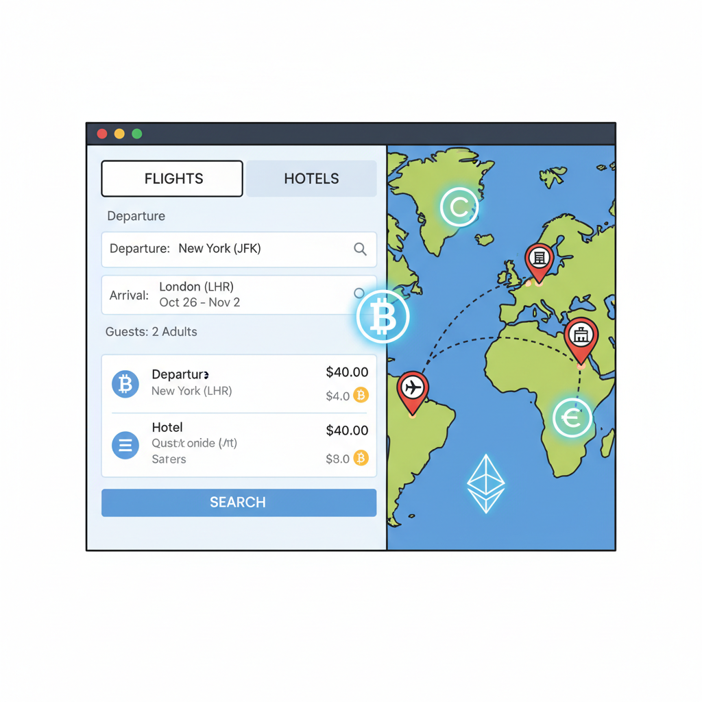 travel search interface showing flights and hotels, map pins, crypto symbols overlay