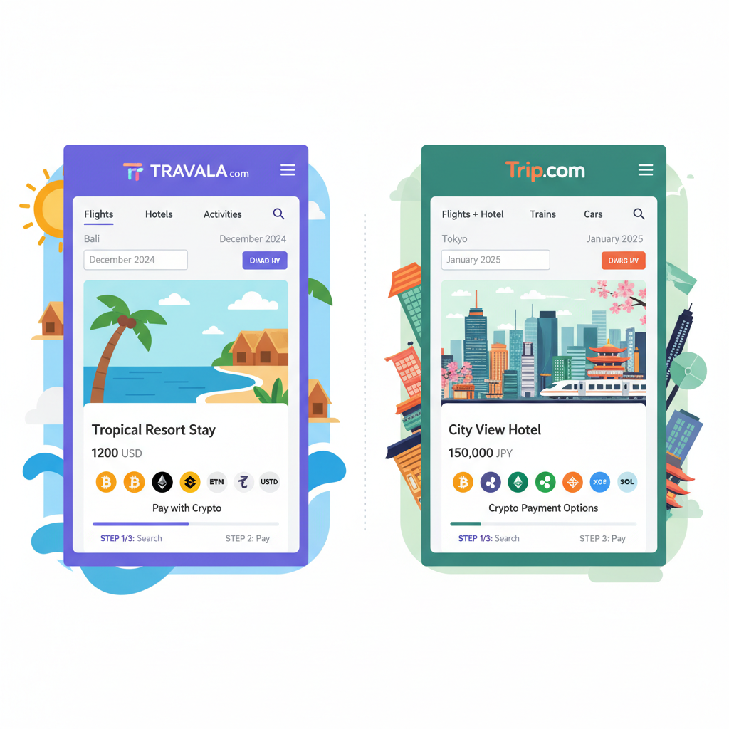 split screen of Travala and Trip.com booking sites with crypto payment icons, vibrant travel backgrounds