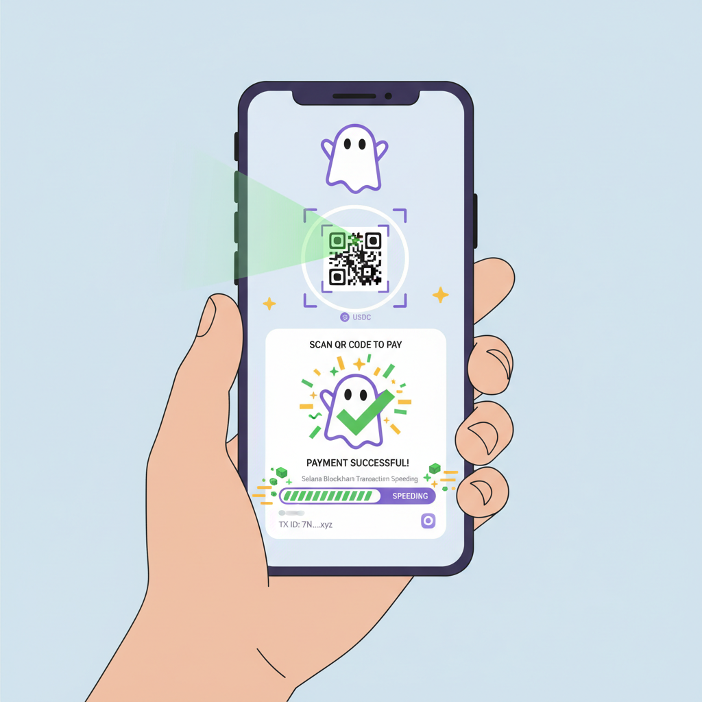 Phantom wallet scanning QR code for USDC payment, success animation with confetti, Solana blockchain tx speeding