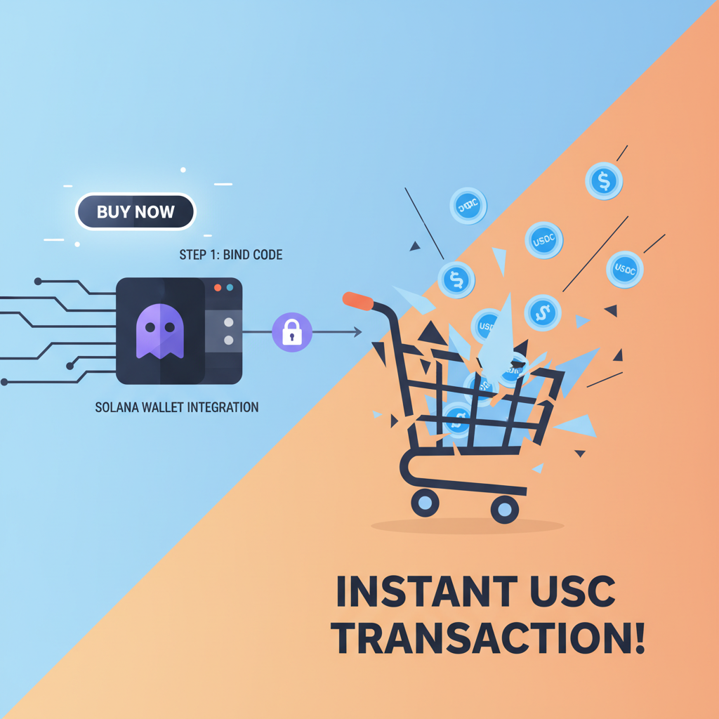 buy button code binding to Solana wallet, exploding shopping cart with USDC coins, dynamic action scene
