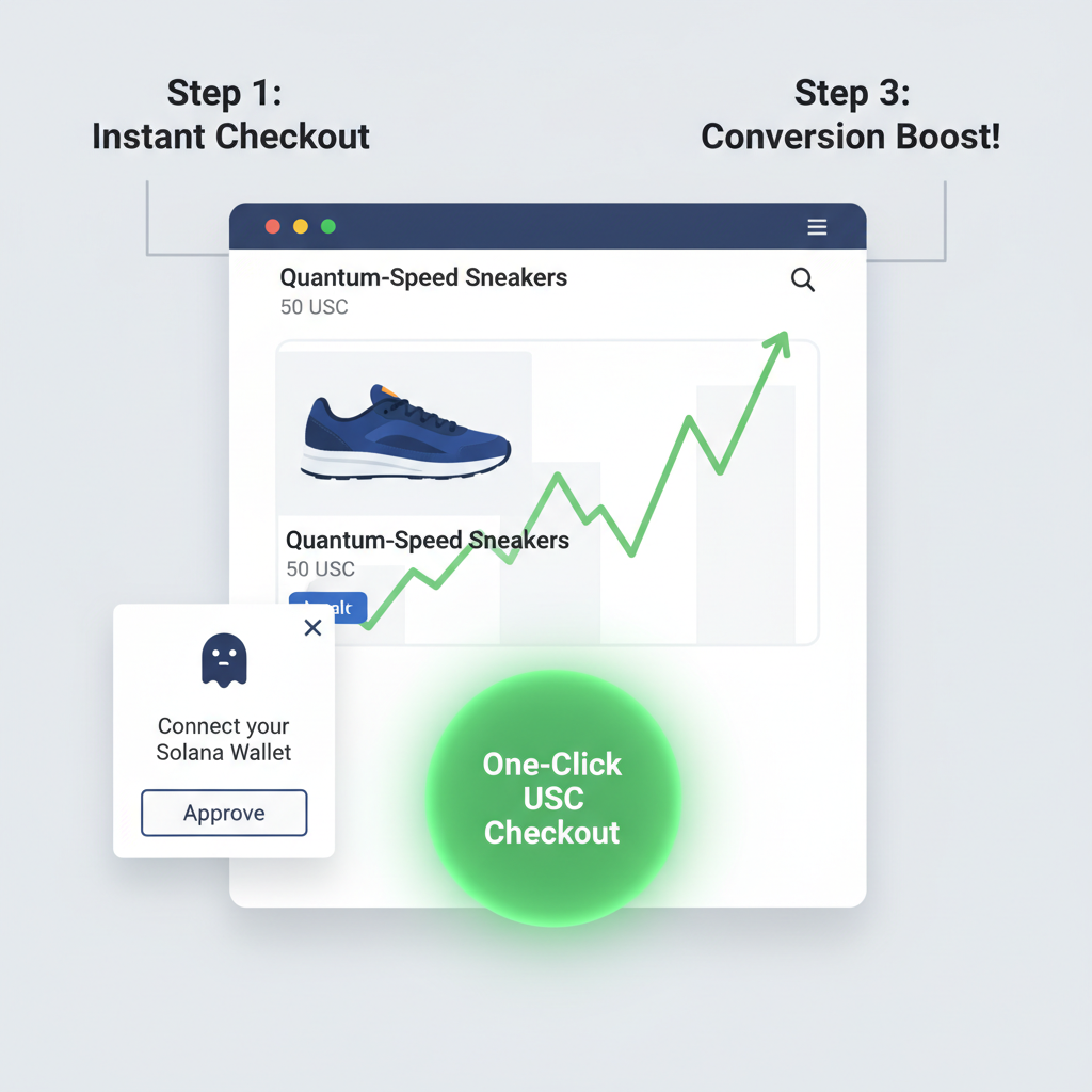 Shopify product page with glowing one-click USDC checkout button, Solana wallet popup, conversion graph spiking