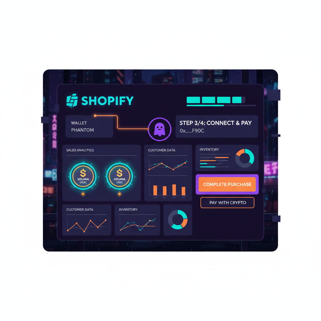 futuristic Shopify dashboard with Phantom wallet connected, Solana USDC icons glowing, cyberpunk style