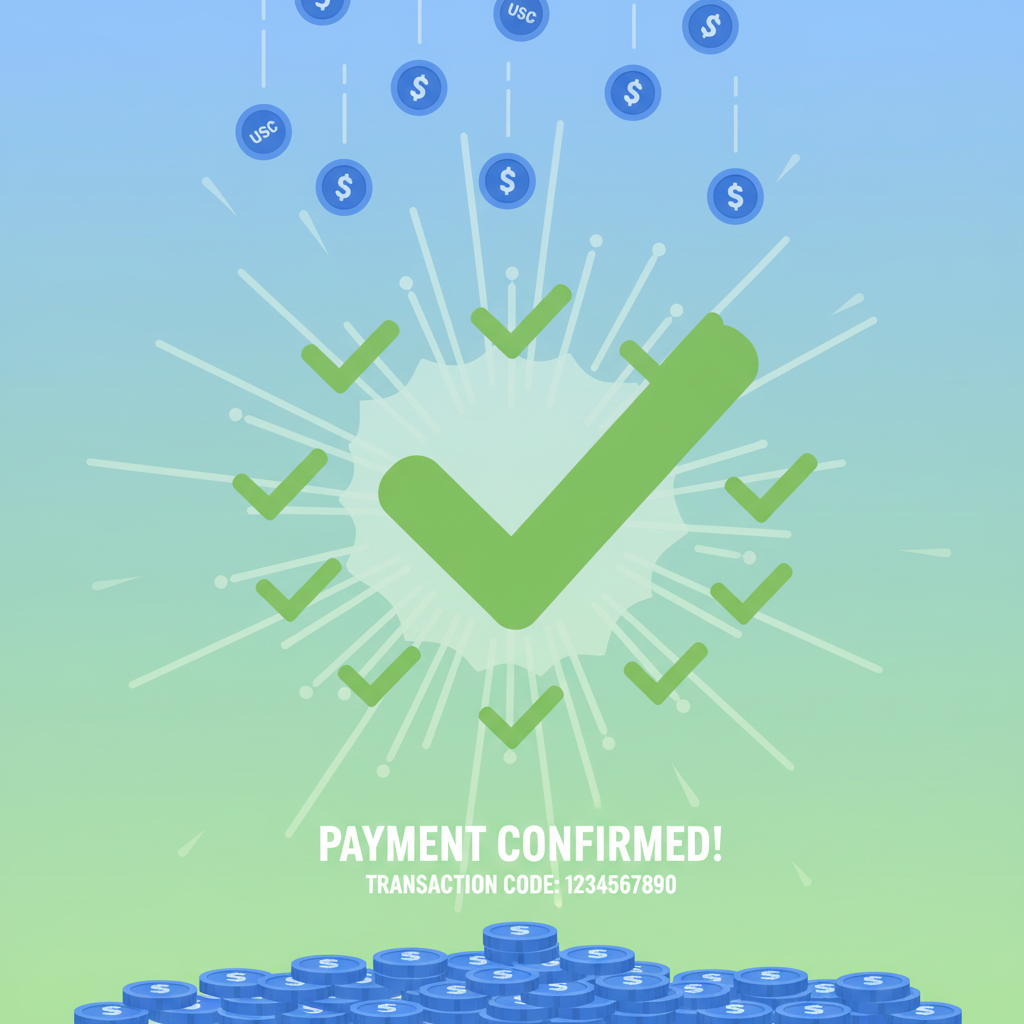 payment confirmation code handler, raining USDC on success screen, triumphant green checkmarks, motivational explosion
