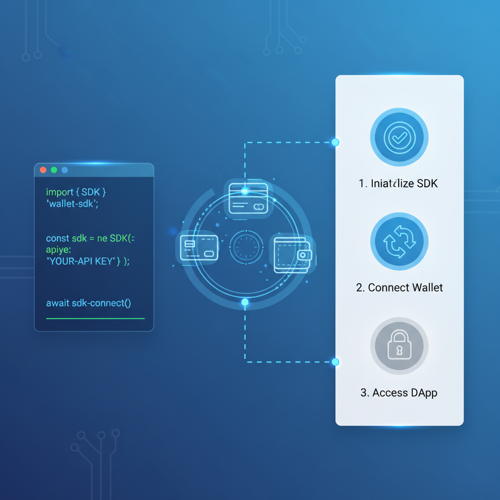 API key code snippet initializing SDK, holographic wallet icons connecting, high-tech dashboard vibe