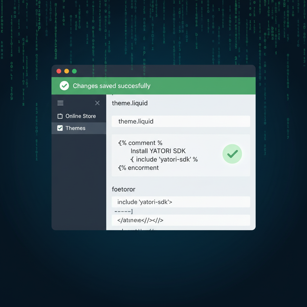 code snippet installing YATORI SDK in Shopify editor, green success checkmarks, high-tech code rain background