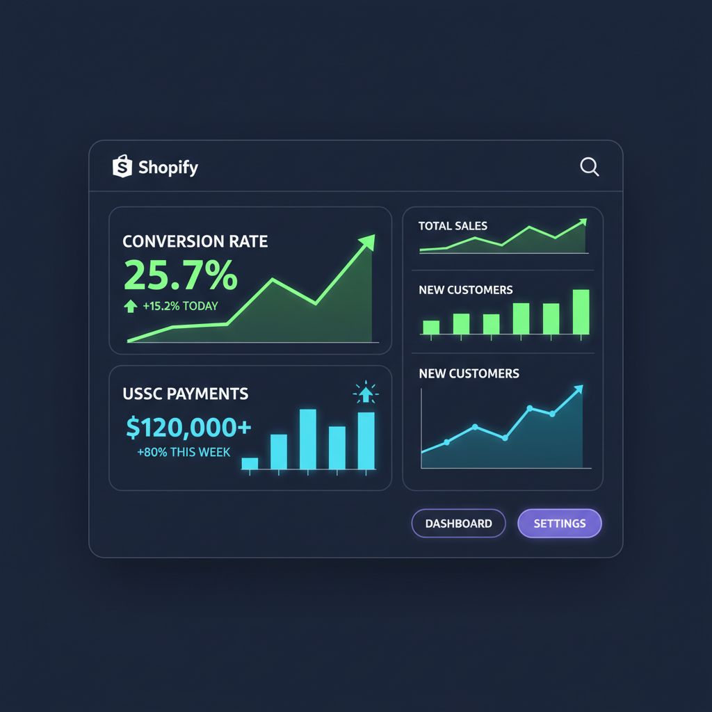 Shopify analytics dashboard showing skyrocketing conversion rates, USDC payments graph exploding upward, neon charts