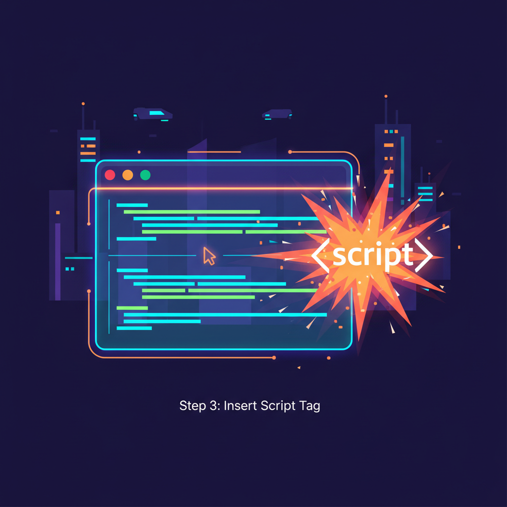 futuristic code editor with glowing script tag insertion, neon cyberpunk style, explosive energy