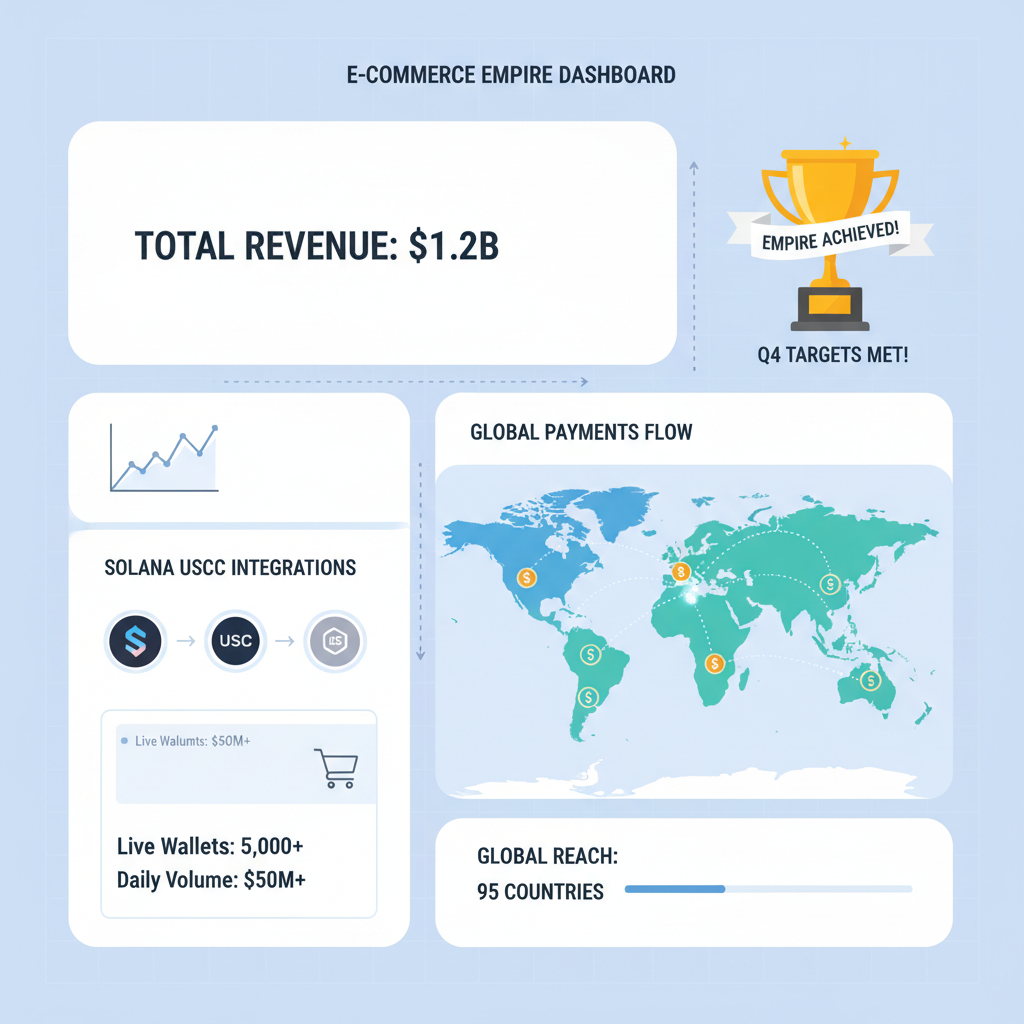 E-commerce empire dashboard with multiple Solana USDC integrations, world map of global payments, victory trophy