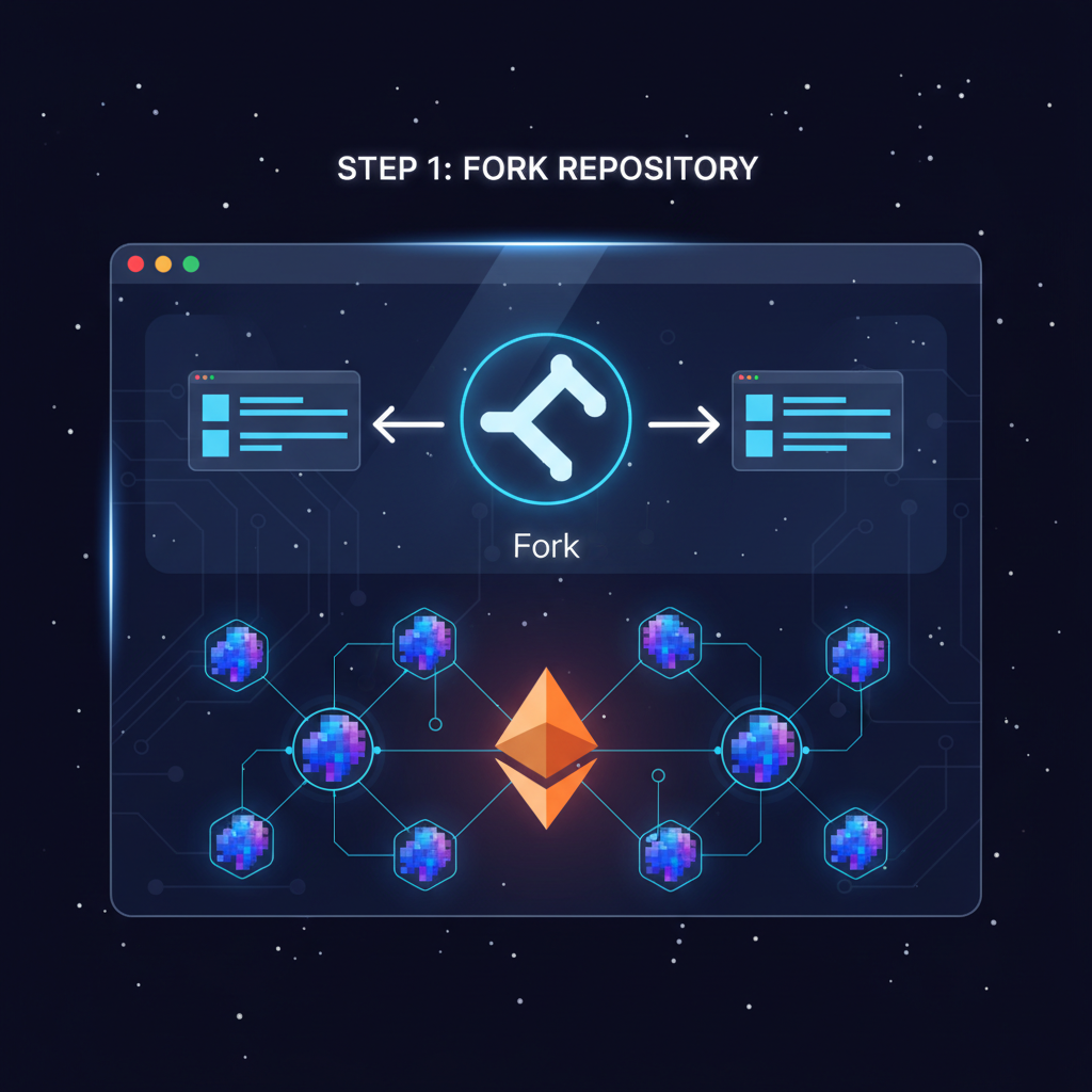 futuristic git fork on github screen with blockchain nodes and ethereum logo glowing