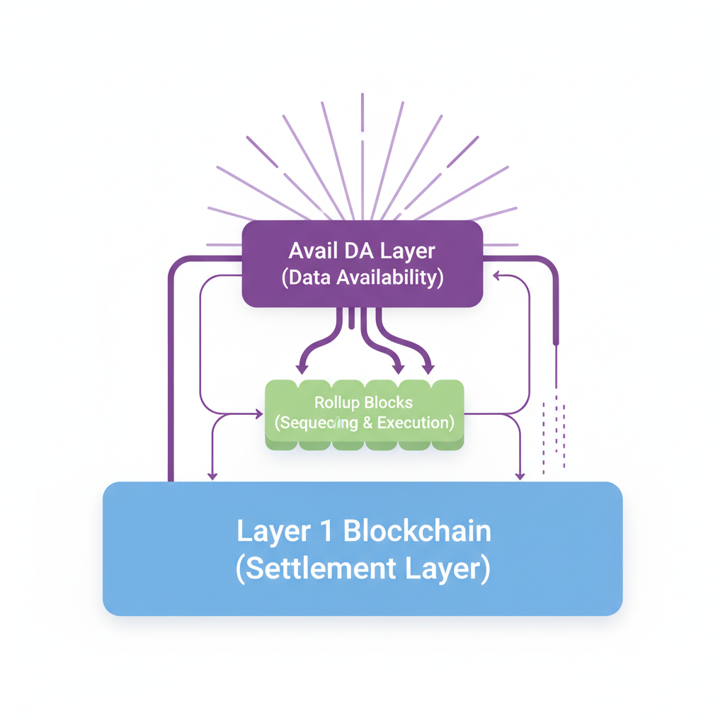 integrating avail da layer into rollup diagram, abstract data flow with purple hues