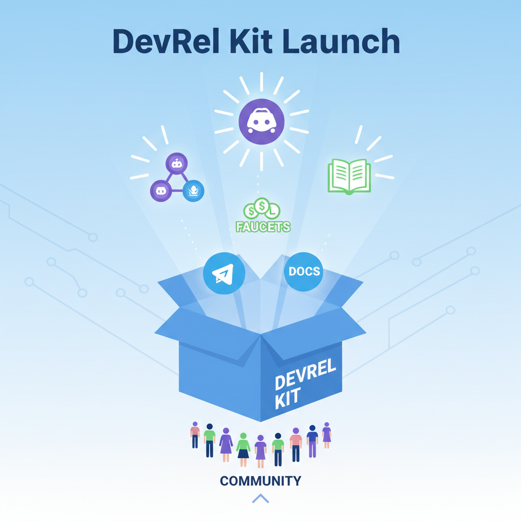 launching devrel kit with community icons, discord telegram faucets and docs glowing